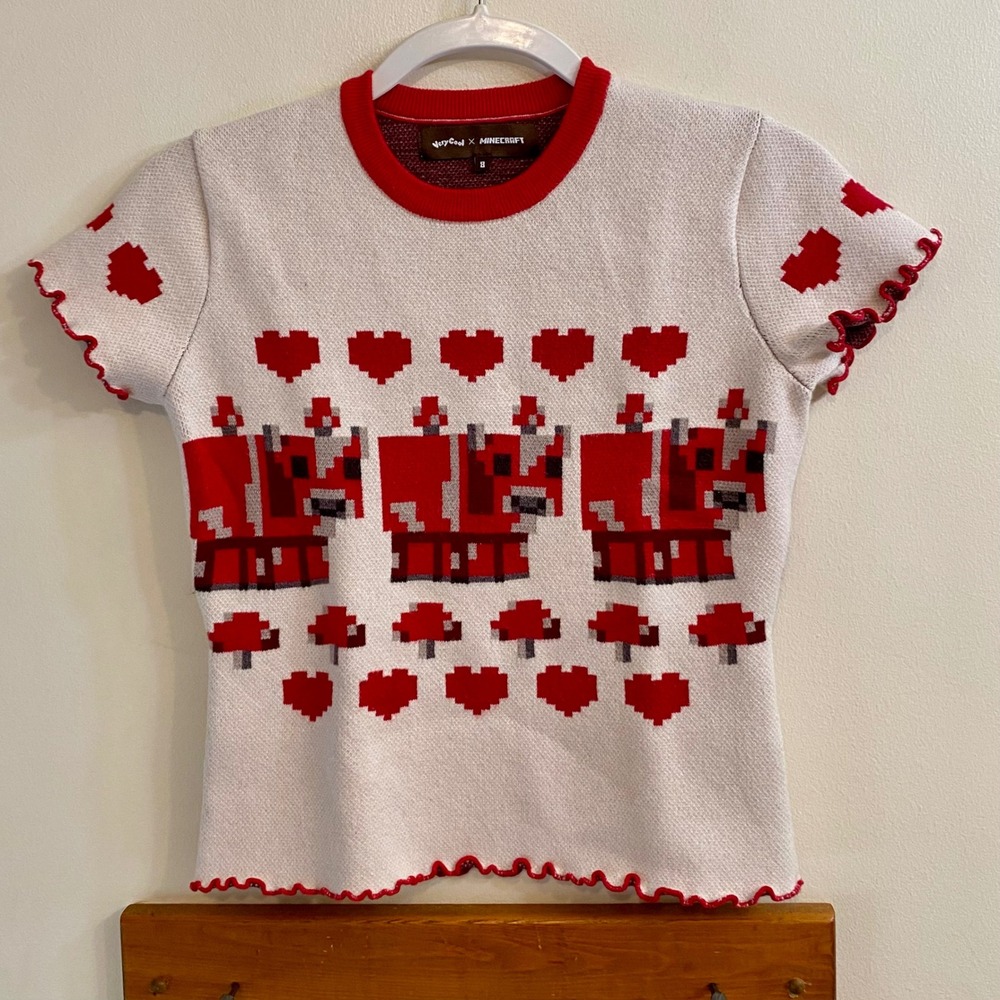 Cool Shirtz X Minecraft Mooshroom Knitted Top Women's Sz 8 Baby Tee Heart Ruffle
